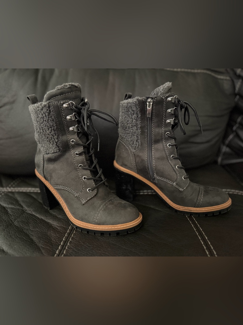 Gray Lace-Up Faux Fur Ankle Boots size 8